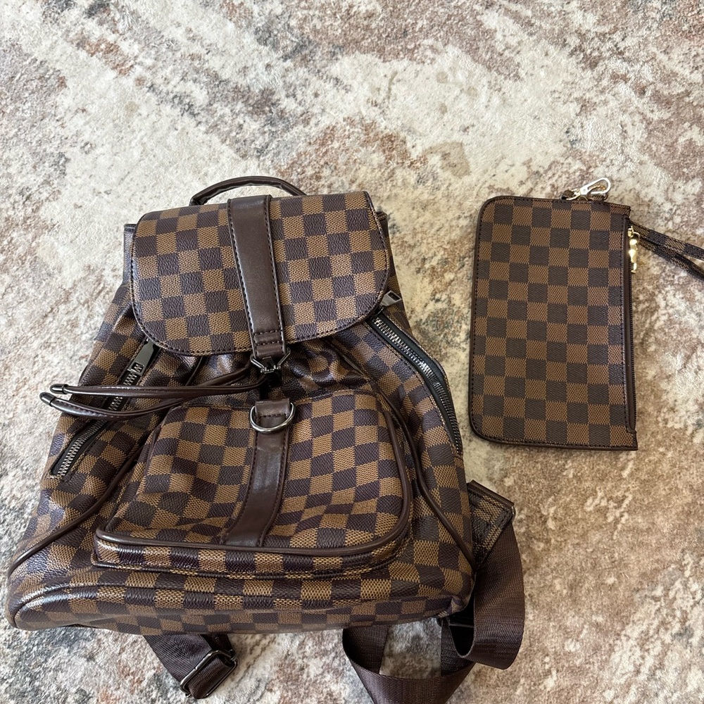 Checkered Brown Backpack and Wallet Set